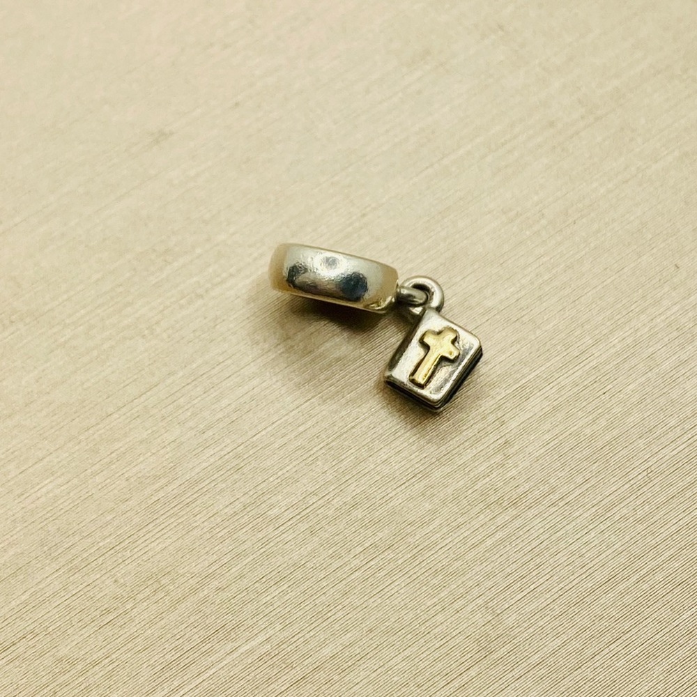 EUC Pandora 790409 Sterling Silver Bible Dangle Bead w/ 14k Yellow Gold Cross - Picture 6 of 9